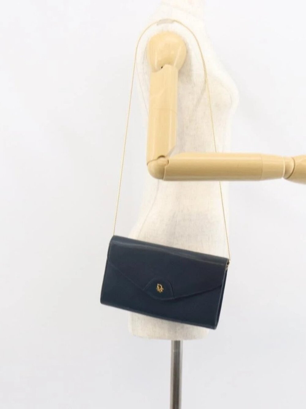 Christian Dior Chain Shoulder Bag Leather Navy Gold Auth BA9389 - Picture 1 of 16